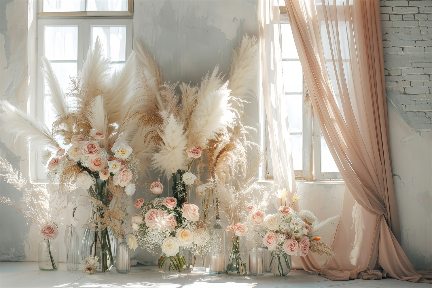 Boho Backdrop Ideas Floral Pampas Curtain Window Backdrop GQ2-45