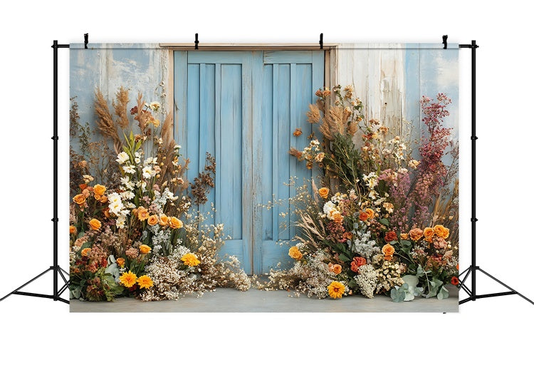 Boho Photography Backdrop Blue Door Flower Arrangement Backdrop GQ2-59