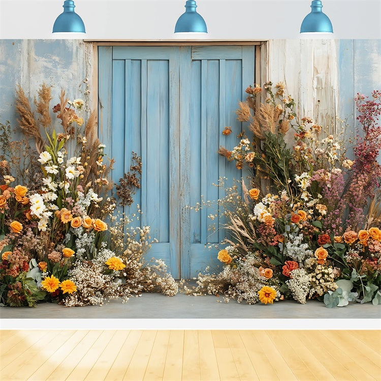 Boho Photography Backdrop Blue Door Flower Arrangement Backdrop GQ2-59