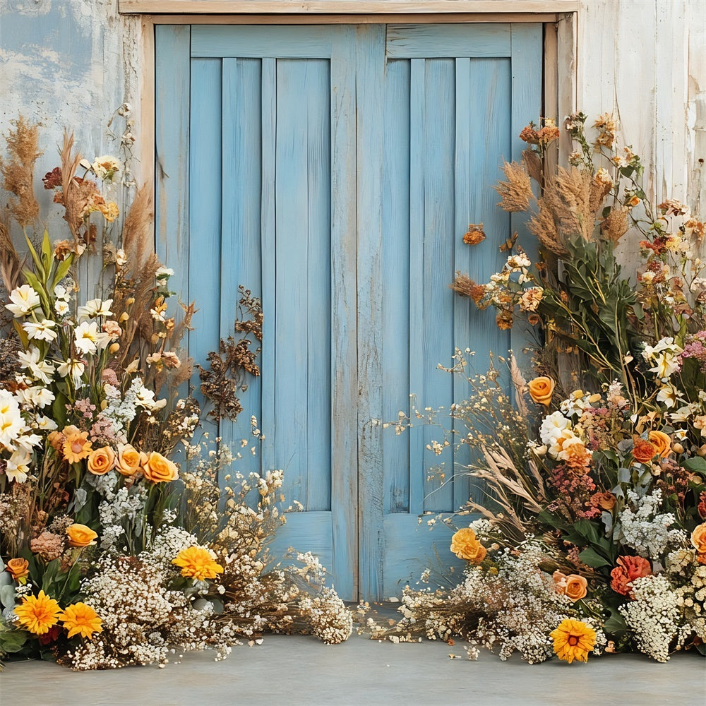 Boho Photography Backdrop Blue Door Flower Arrangement Backdrop GQ2-59