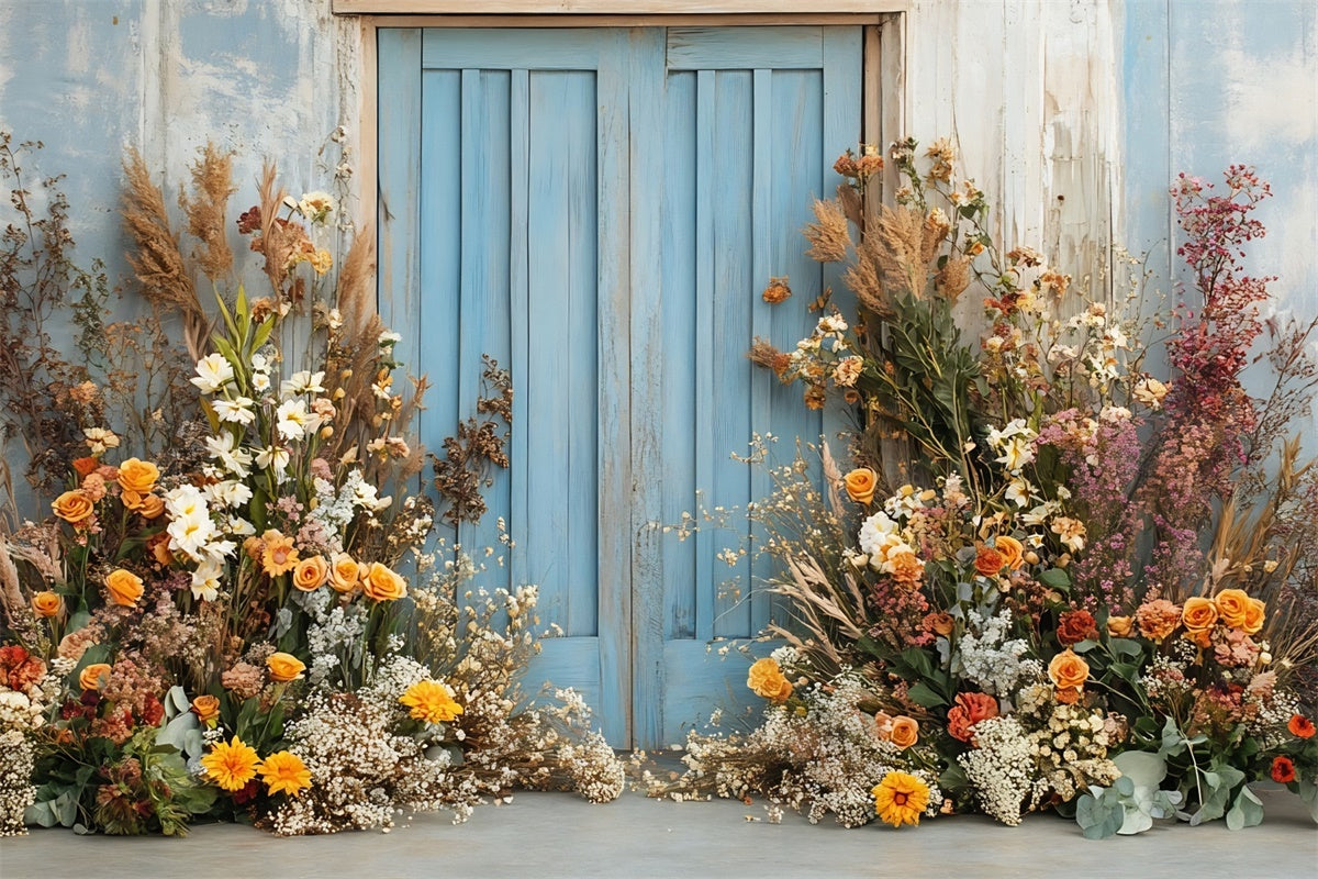 Boho Photography Backdrop Blue Door Flower Arrangement Backdrop GQ2-59