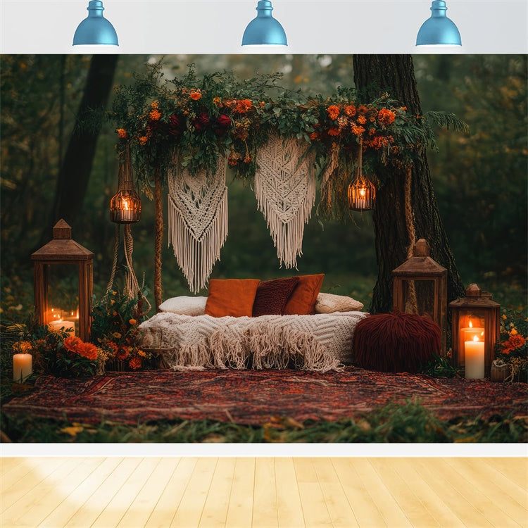 Boho Photography Backdrop Forest Retreat Macrame Lanterns Backdrop GQ2-71