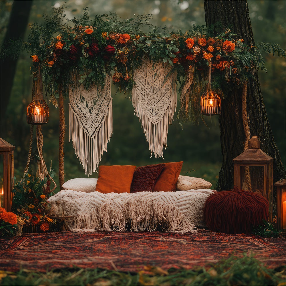 Boho Photography Backdrop Forest Retreat Macrame Lanterns Backdrop GQ2-71