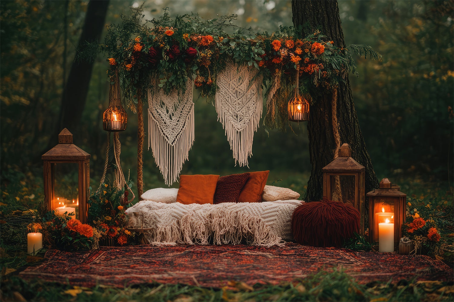 Boho Photography Backdrop Forest Retreat Macrame Lanterns Backdrop GQ2-71