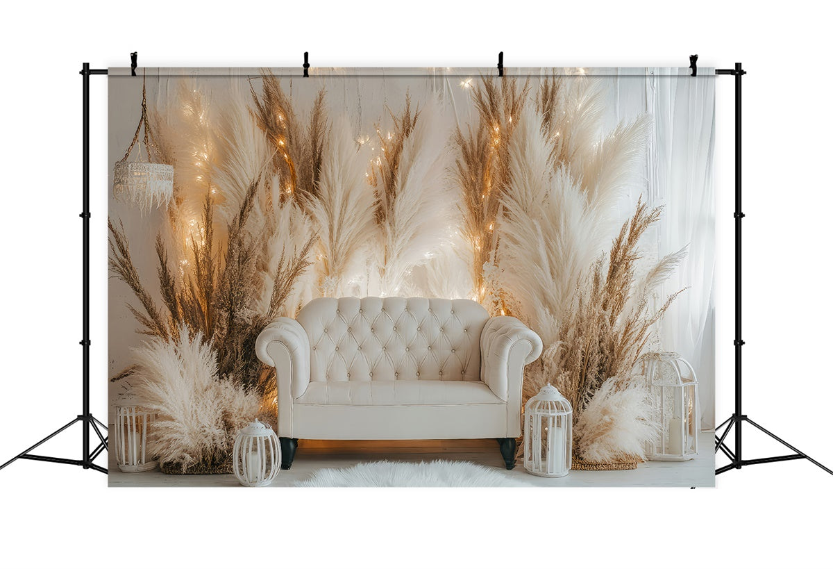 Boho Backdrops White Sofa Pampas Lights Backdrop GQ2-79