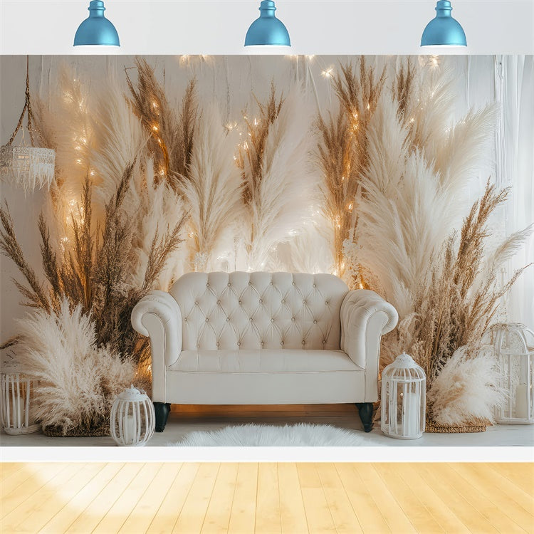 Boho Backdrops White Sofa Pampas Lights Backdrop GQ2-79