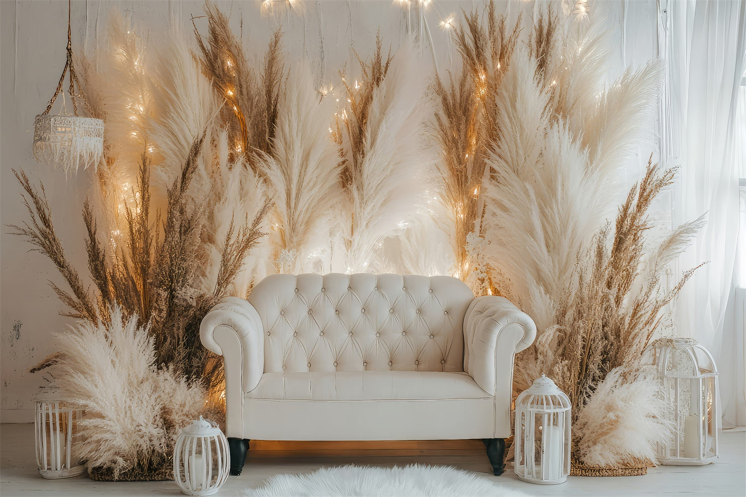 Boho Backdrops White Sofa Pampas Lights Backdrop GQ2-79