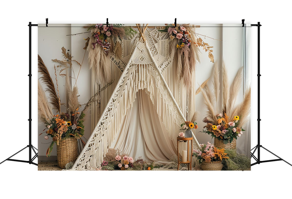 Boho Backdrop Ideas Soft Cream Teepee Floral Backdrop GQ2-8