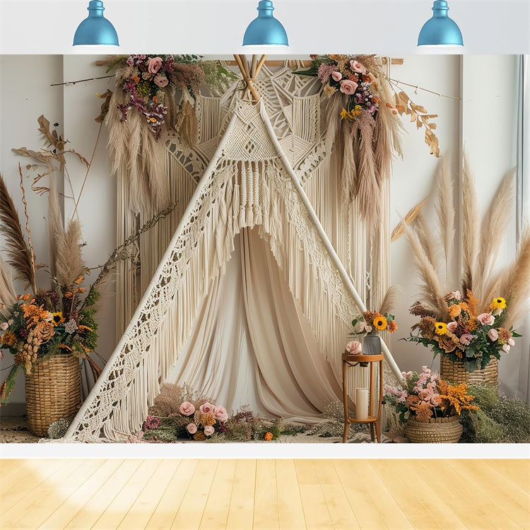 Boho Backdrop Ideas Soft Cream Teepee Floral Backdrop GQ2-8