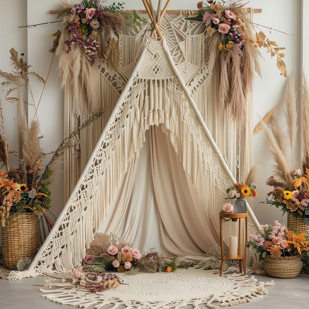 Boho Backdrop Ideas Soft Cream Teepee Floral Backdrop GQ2-8