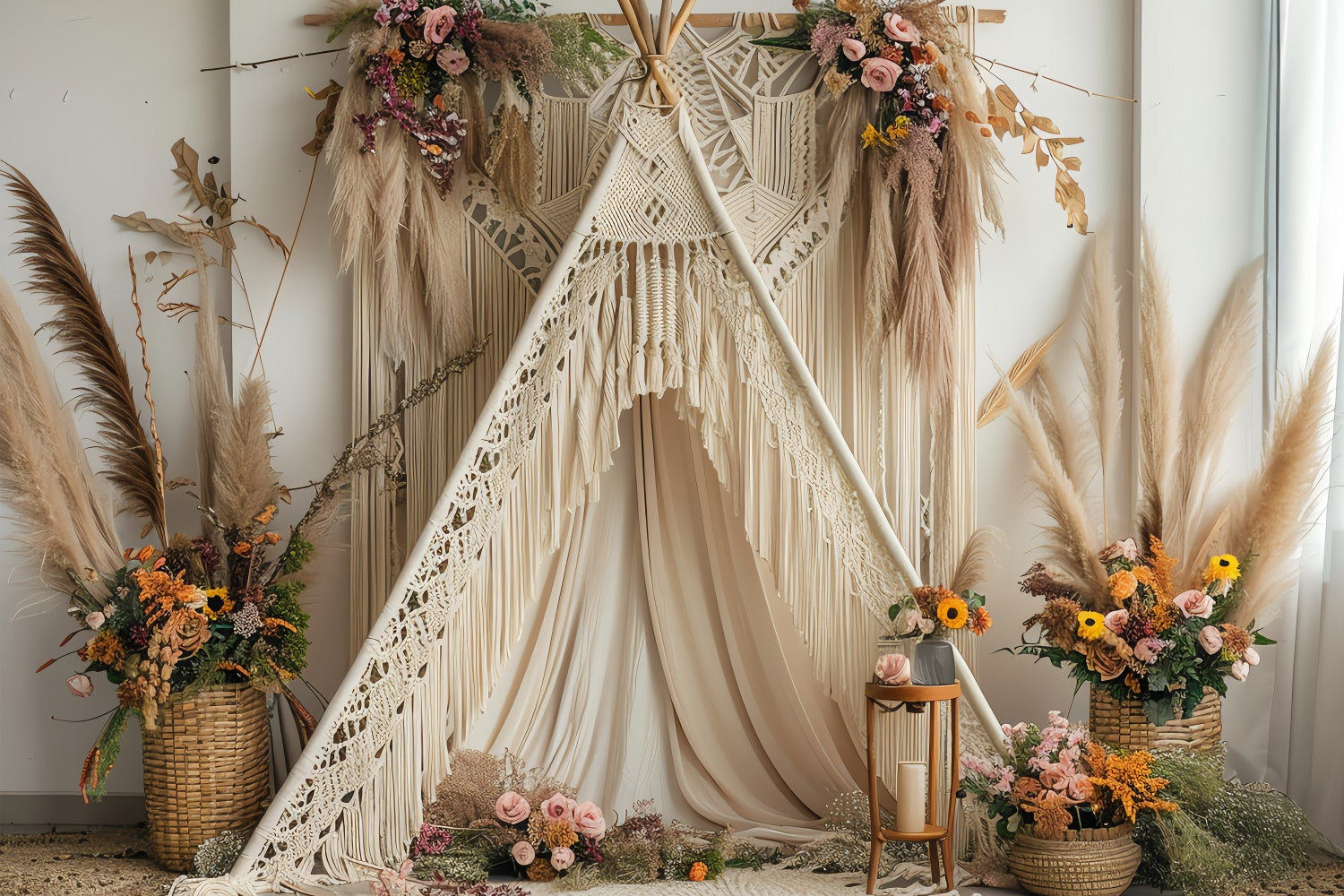 Boho Backdrop Ideas Soft Cream Teepee Floral Backdrop GQ2-8