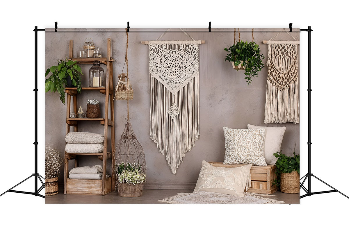 Boho Photography Backdrop Macrame Wall Green Plants Backdrop GQ2-83