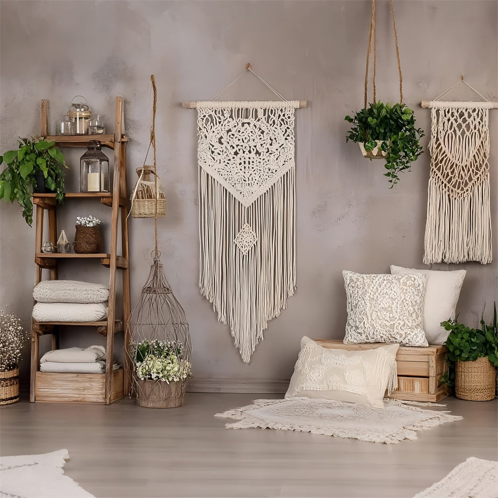 Boho Photography Backdrop Macrame Wall Green Plants Backdrop GQ2-83