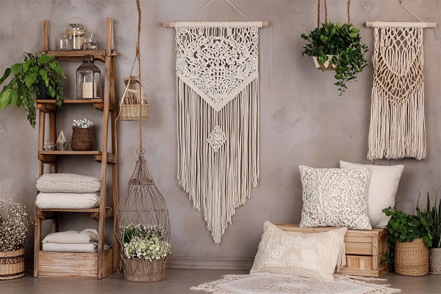 Boho Photography Backdrop Macrame Wall Green Plants Backdrop GQ2-83