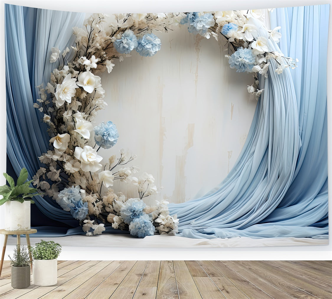 Backdrop For Mother's Day Soft Blue Drapes Flowers Backdrop GQ2-95