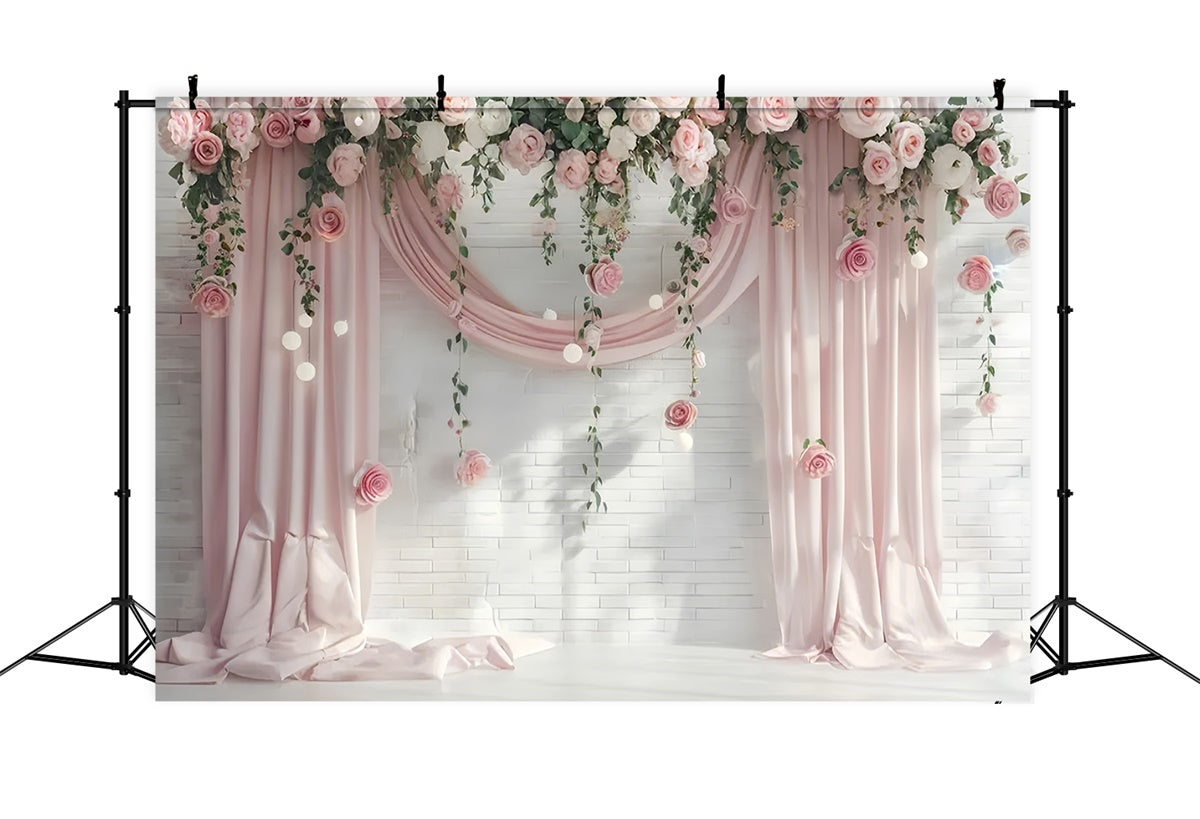 Backdrops For Mother's Day Pastel Pink Floral Curtain Backdrop GQ2-99