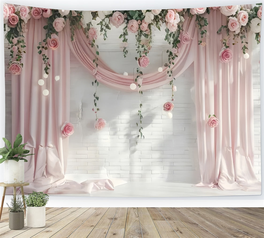 Backdrops For Mother's Day Pastel Pink Floral Curtain Backdrop GQ2-99