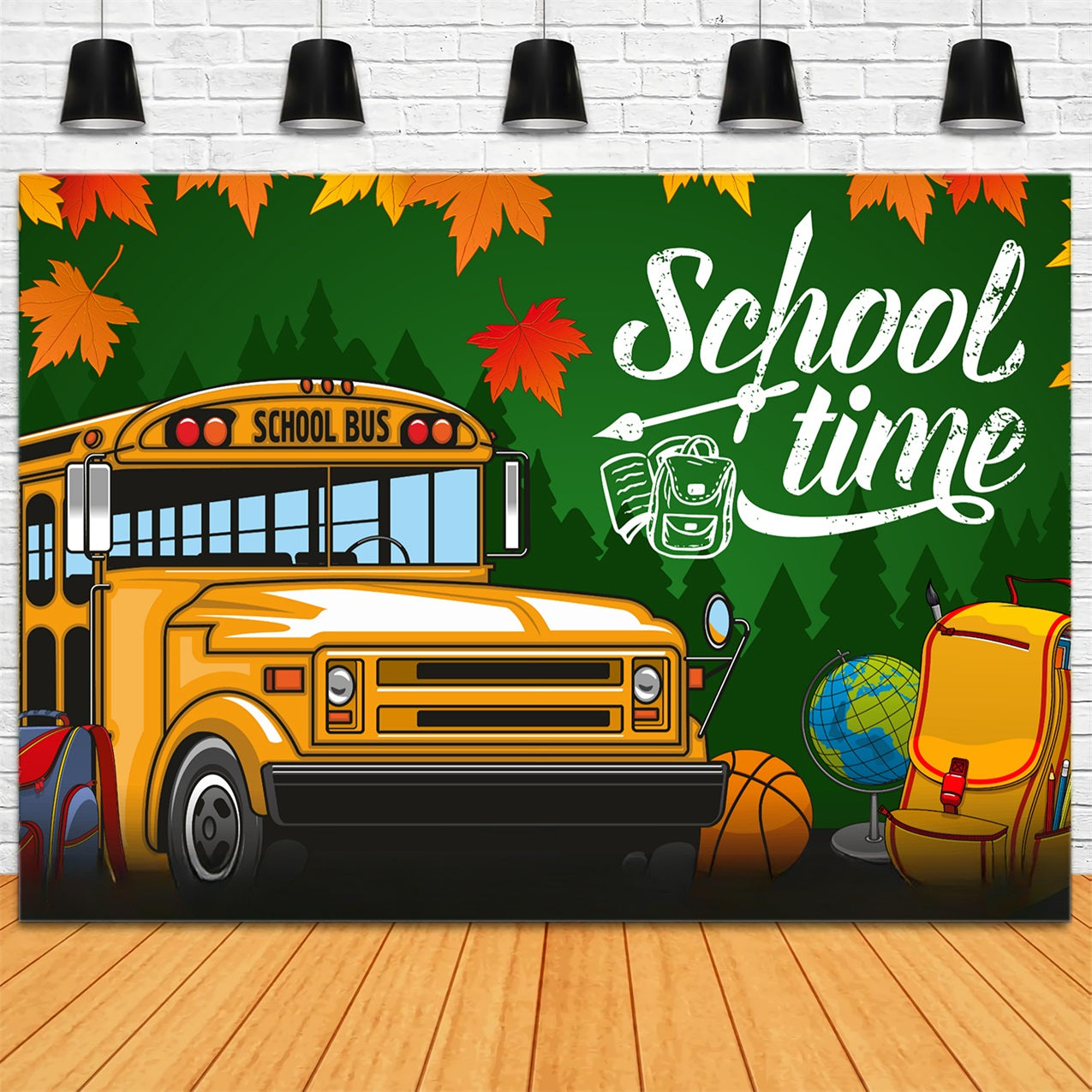 Back To School Backdrops Yellow School Bus Leaves Backdrop GQ3-107