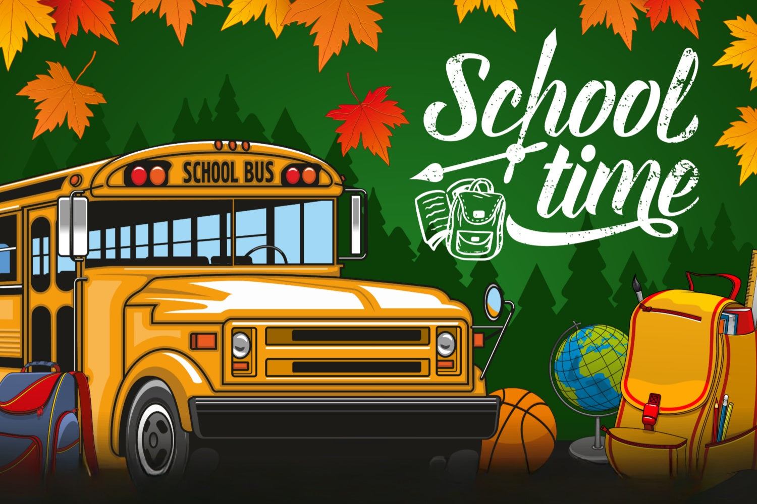 Back To School Backdrops Yellow School Bus Leaves Backdrop GQ3-107