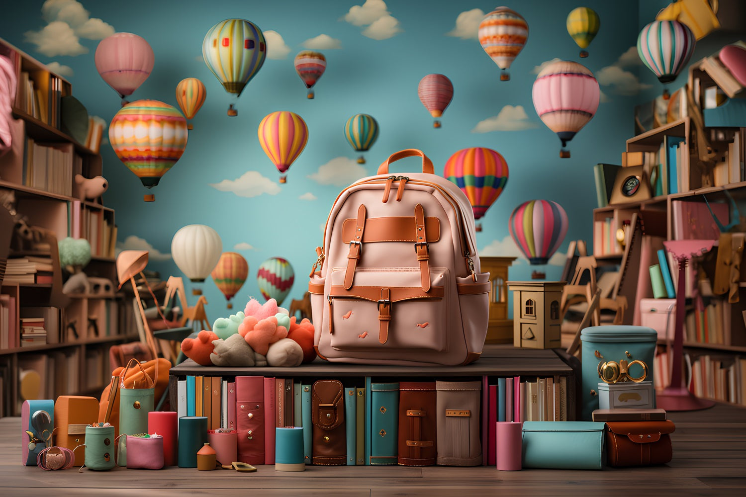 Back To School Photography Backdrop Hot Air Balloon Backpack Backdrop GQ3-108