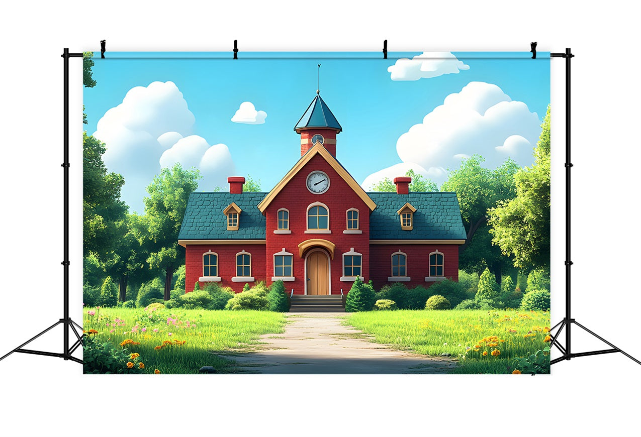 Back To School Picture Backdrop Red Brick Schoolhouse Backdrop GQ3-111