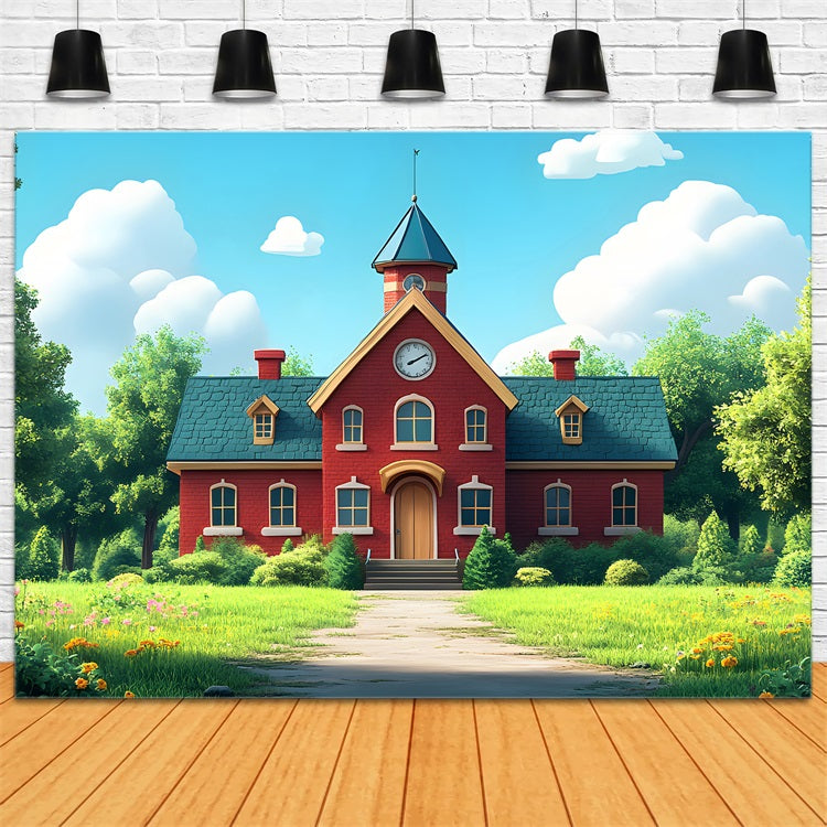 Back To School Picture Backdrop Red Brick Schoolhouse Backdrop GQ3-111