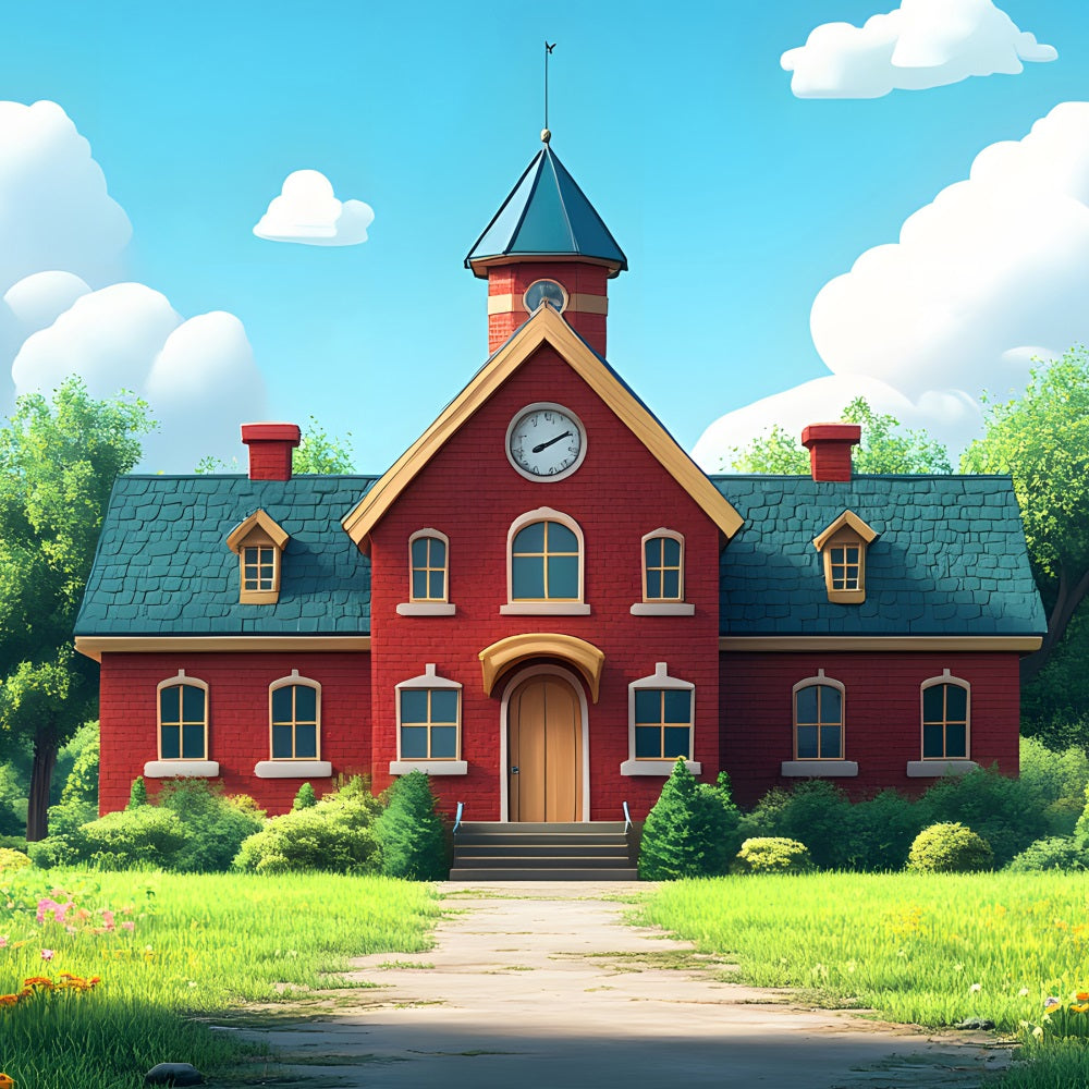 Back To School Picture Backdrop Red Brick Schoolhouse Backdrop GQ3-111