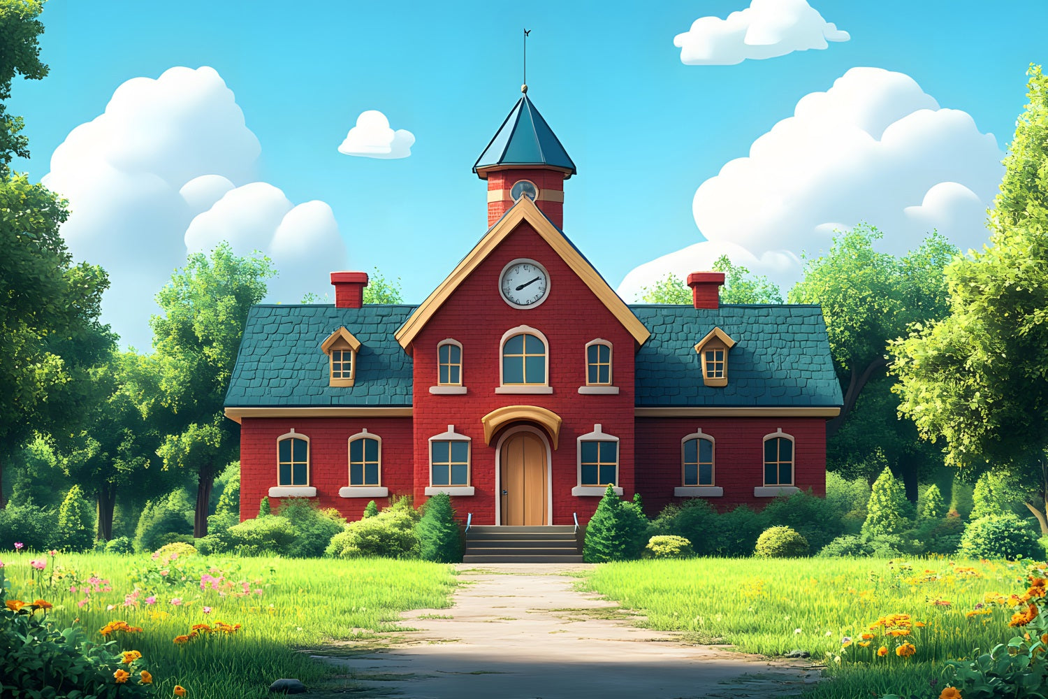 Back To School Picture Backdrop Red Brick Schoolhouse Backdrop GQ3-111