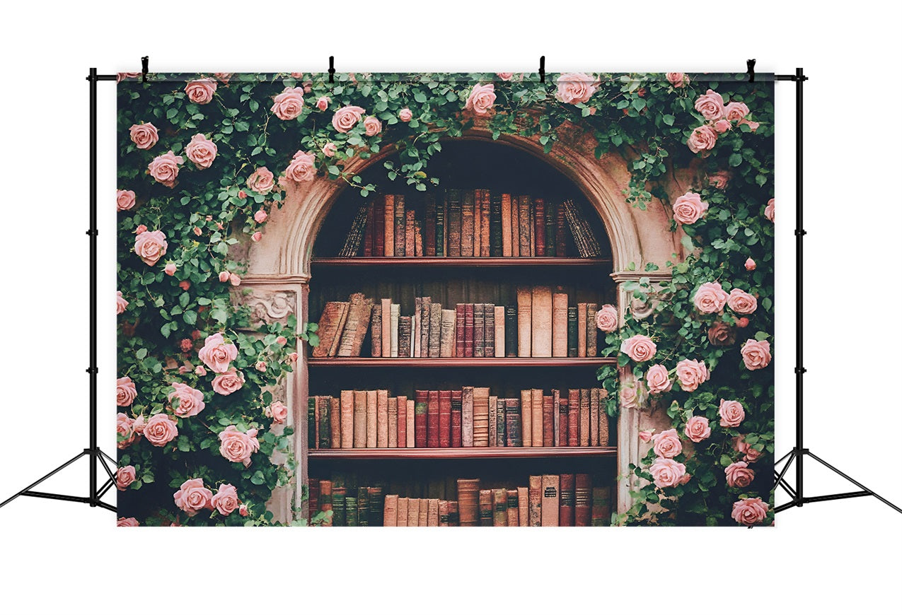 Welcome Back To School Photo Backdrop Rose Arch Bookshelf Backdrop GQ3-114