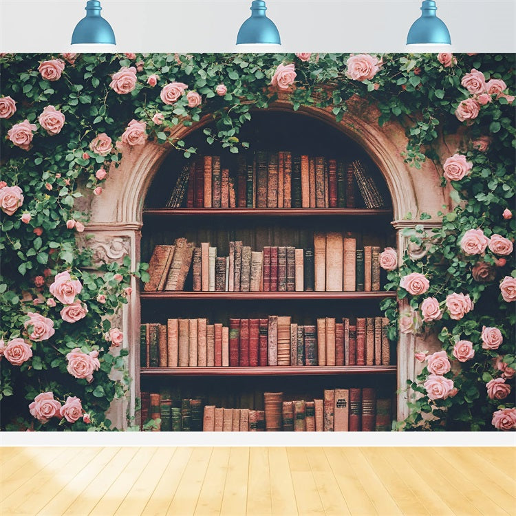 Welcome Back To School Photo Backdrop Rose Arch Bookshelf Backdrop GQ3-114