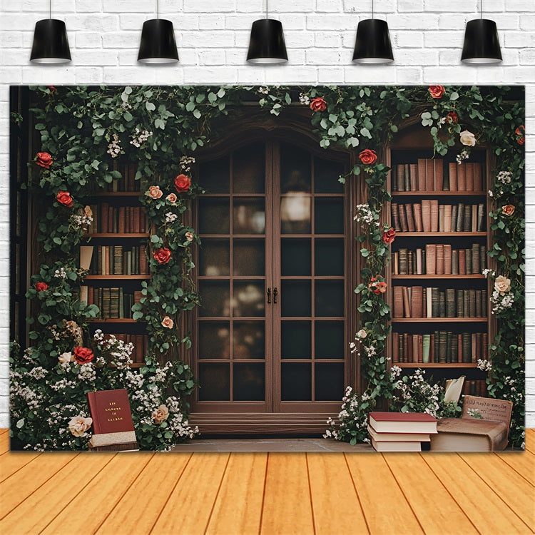 Back To School Backdrop Ideas Floral Vintage Bookshelf Window Backdrop GQ3-115