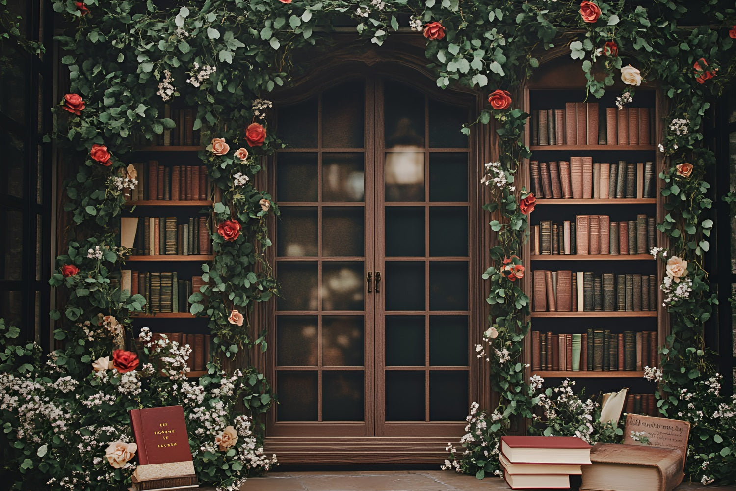 Back To School Backdrop Ideas Floral Vintage Bookshelf Window Backdrop GQ3-115