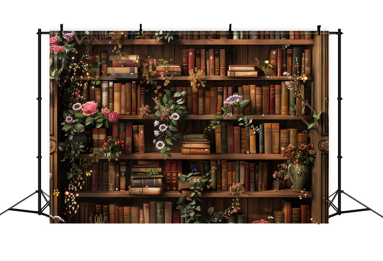 Back To School Photo Backdrops Library Floral Bookshelf Backdrop GQ3-122