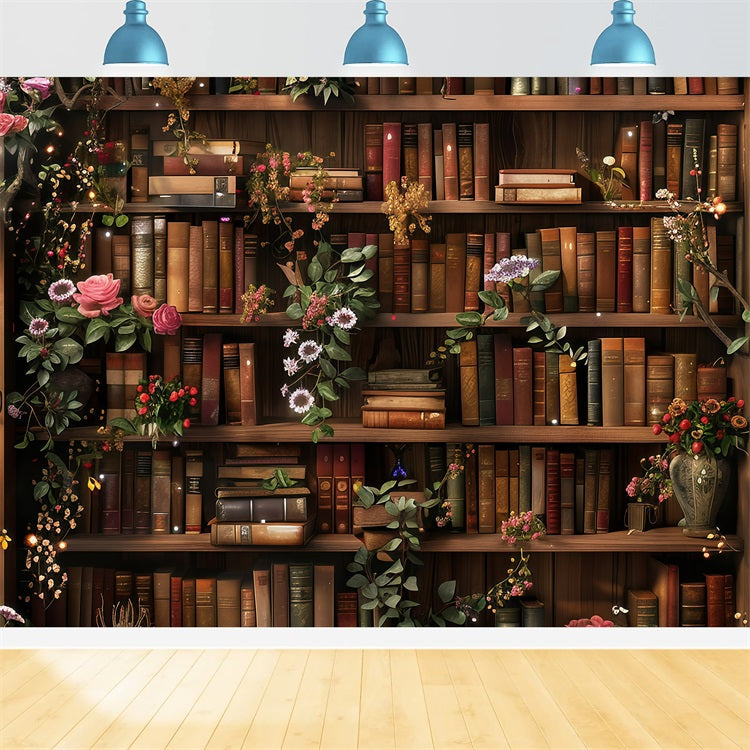 Back To School Photo Backdrops Library Floral Bookshelf Backdrop GQ3-122