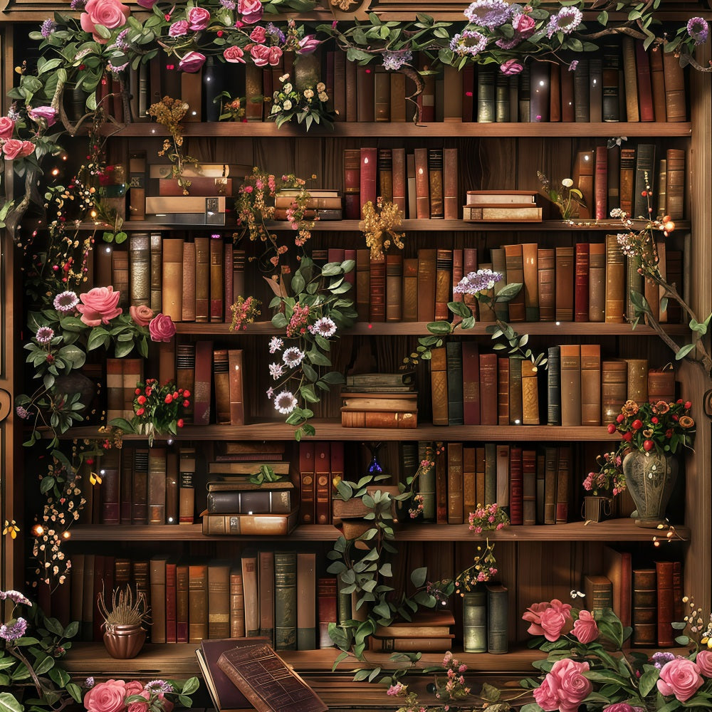 Back To School Photo Backdrops Library Floral Bookshelf Backdrop GQ3-122