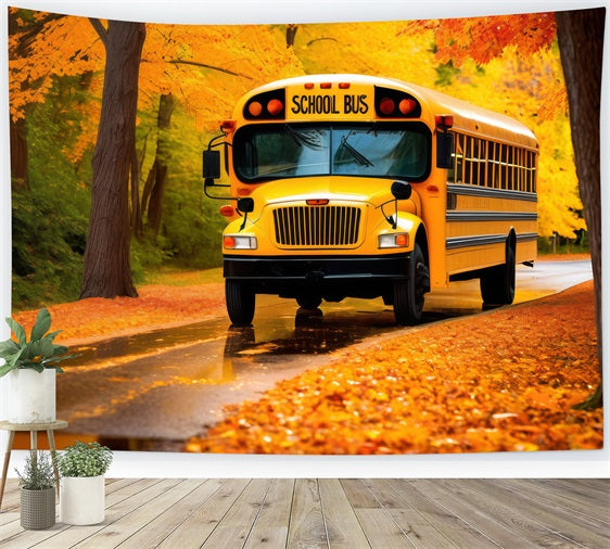 Back To School Photography Backdrops Autumn Leaves School Bus Backdrop GQ3-128