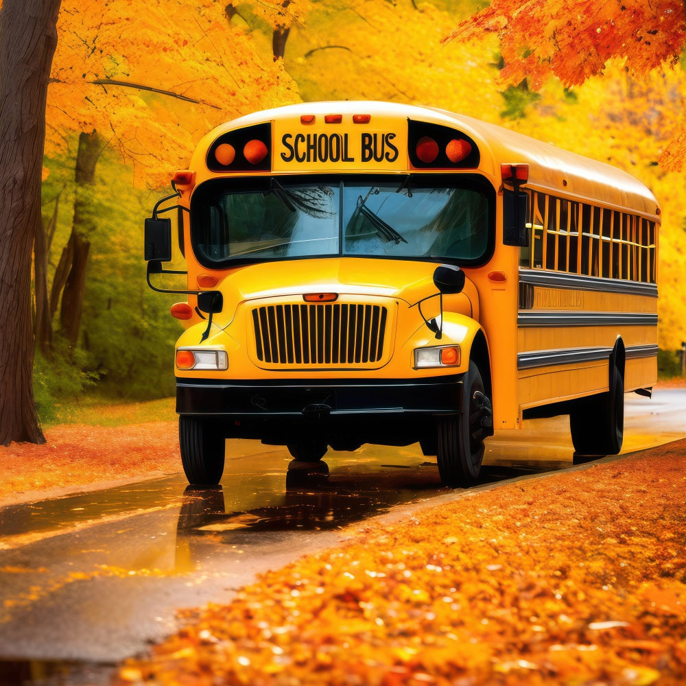 Back To School Photography Backdrops Autumn Leaves School Bus Backdrop GQ3-128