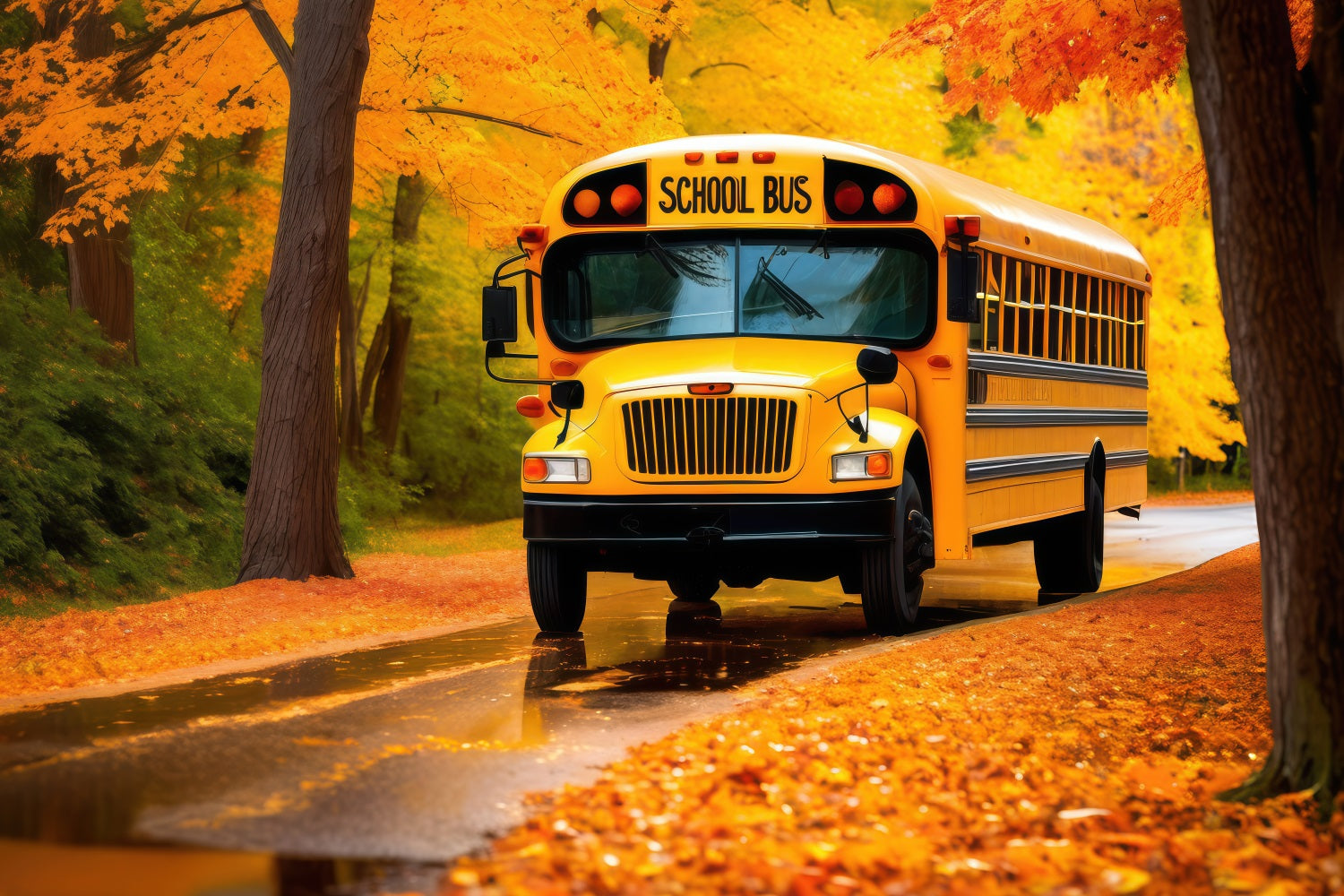 Back To School Photography Backdrops Autumn Leaves School Bus Backdrop GQ3-128