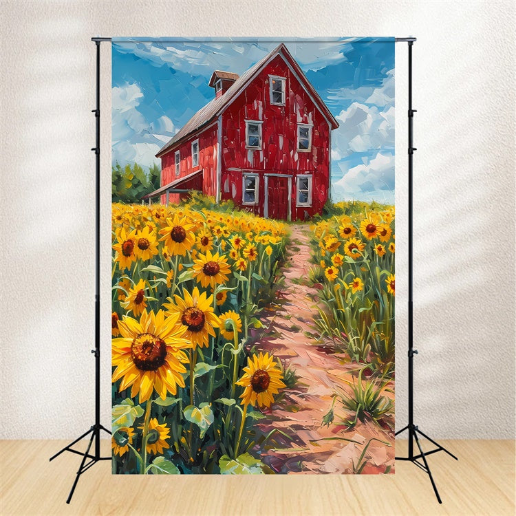 Backdrop Fine Art Rustic Red Barn Sunflowers Backdrop GTY-118