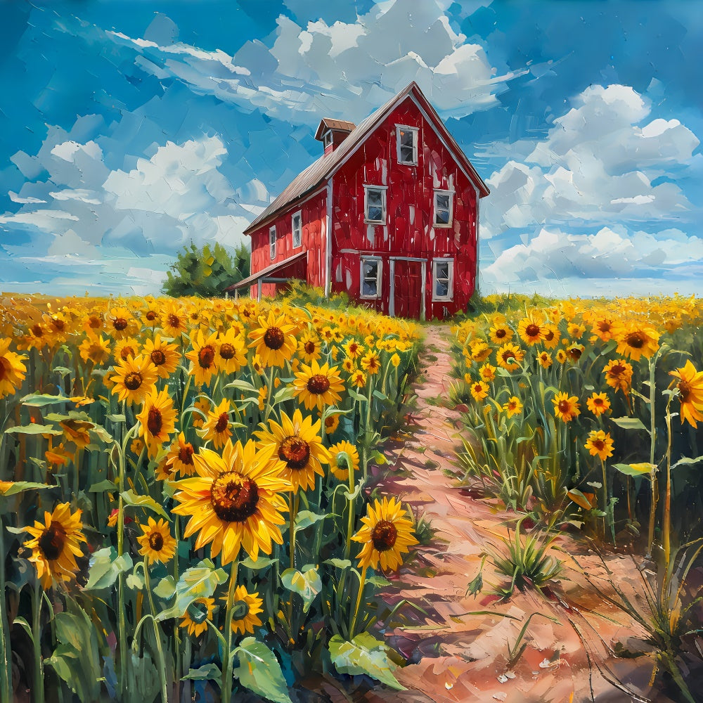 Backdrop Fine Art Rustic Red Barn Sunflowers Backdrop GTY-118