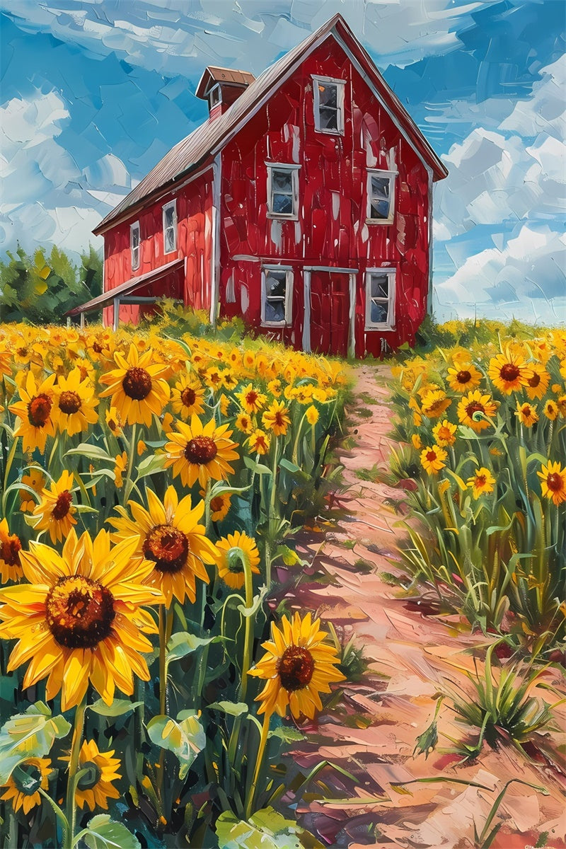 Backdrop Fine Art Rustic Red Barn Sunflowers Backdrop GTY-118