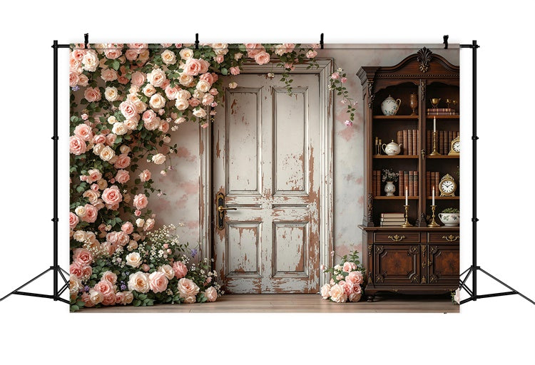 Maternity Shoot Backdrop Rustic Door Blooming Rose Backdrop GTY2-27