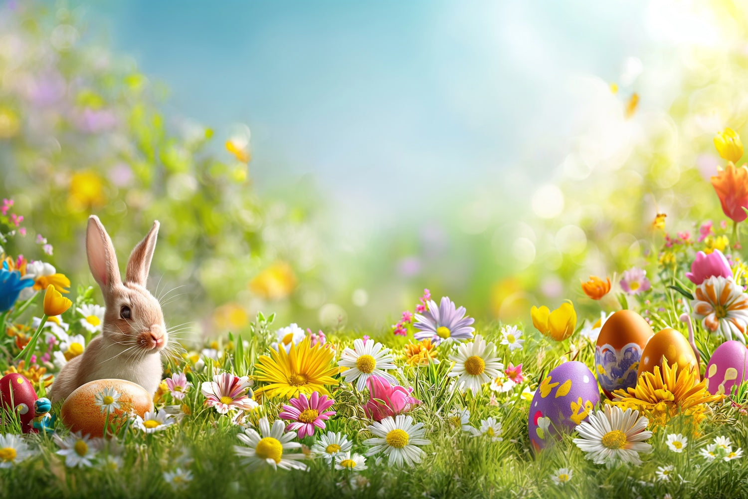 Easter Photo Backdrop Pastel Floral Meadow Bunny Backdrop GTY3-235