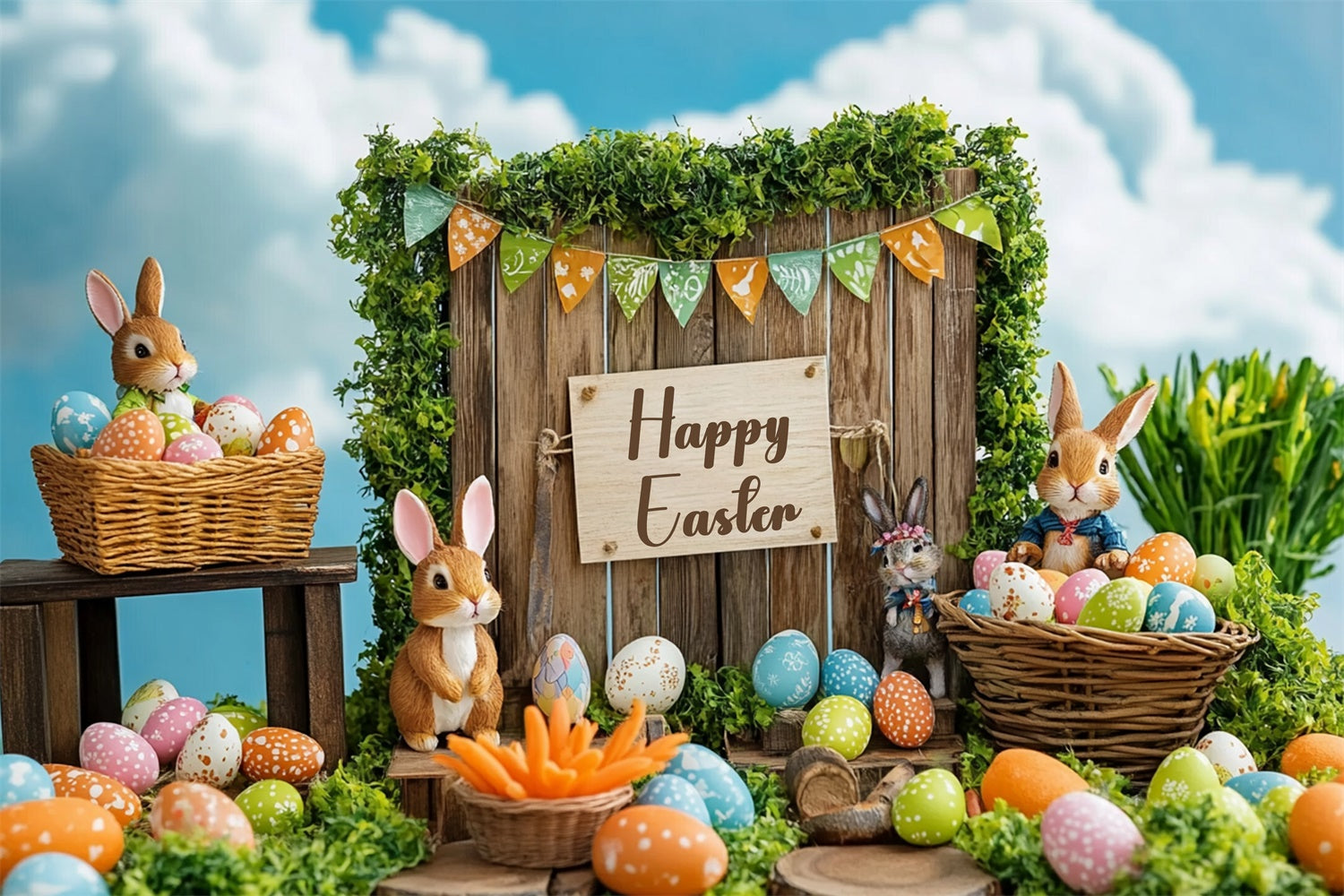 Easter Backdrop Festive Bunny Basket Rustic Backdrop GTY3-241