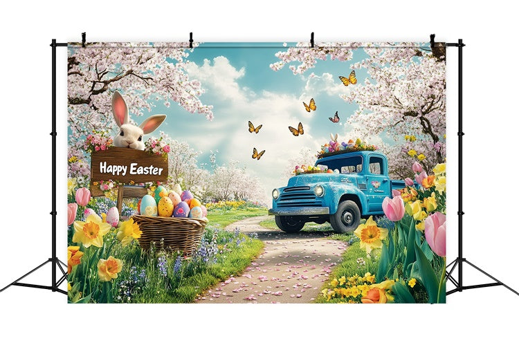 Easter Picture Ideas Romantic Blossom Blue Truck Backdrop GTY3-243