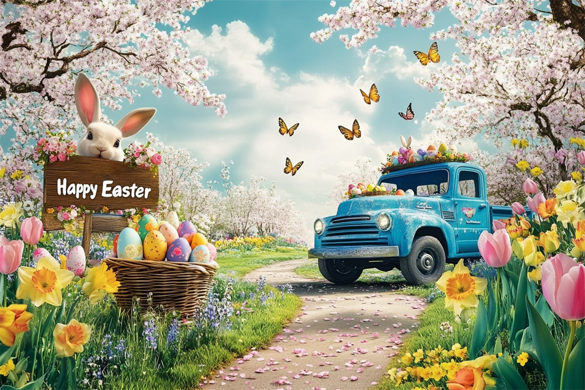 Easter Picture Ideas Romantic Blossom Blue Truck Backdrop GTY3-243