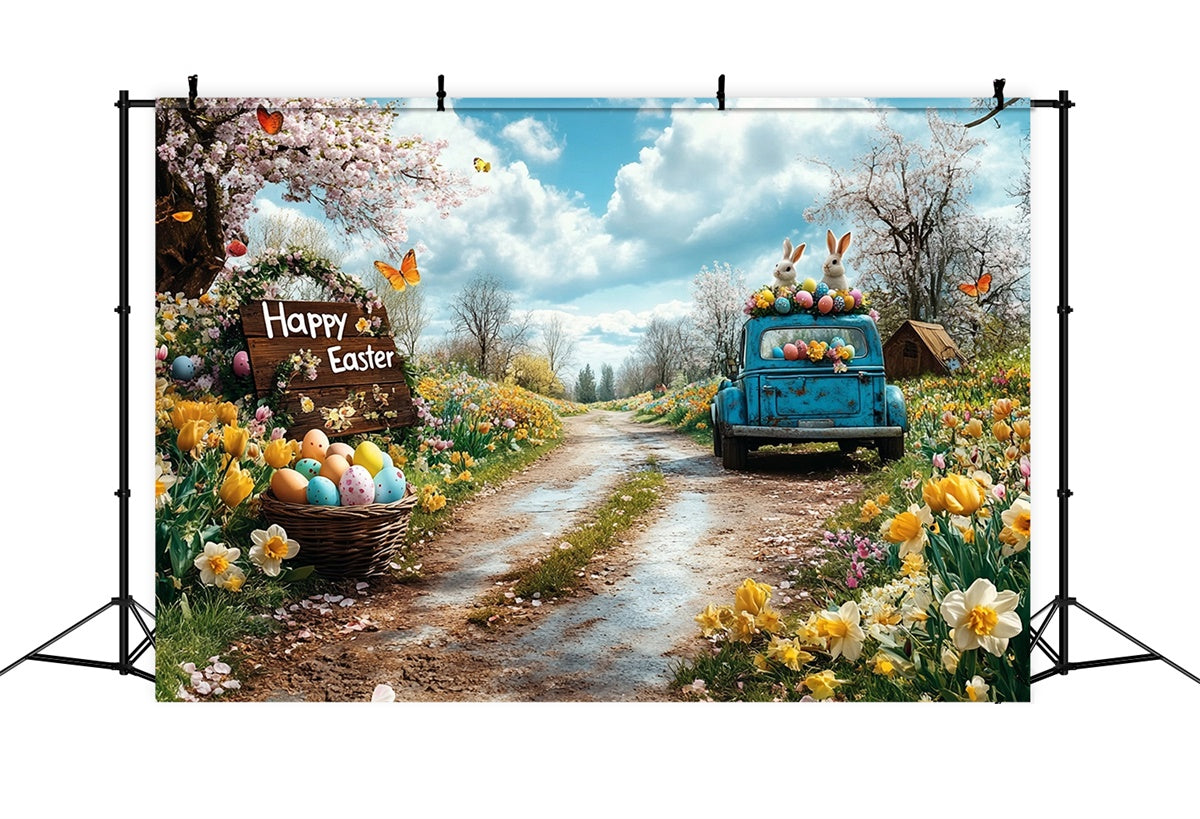 Easter Backdrops Photography Retro Truck Egg Meadow Backdrop GTY3-245