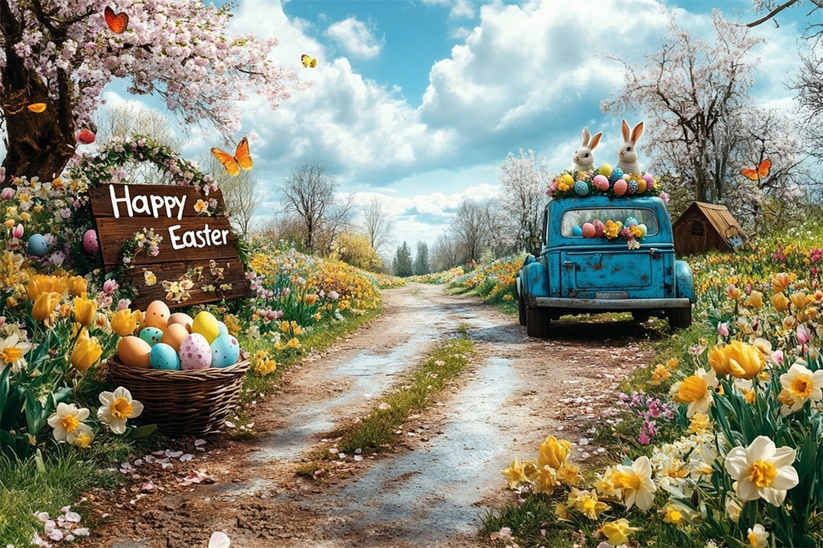 Easter Backdrops Photography Retro Truck Egg Meadow Backdrop GTY3-245