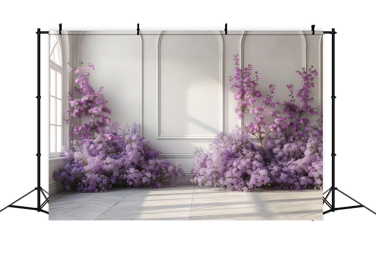 Purple Flowers Backdrop Graceful Purple Floral White Wall Backdrop GTY3-35