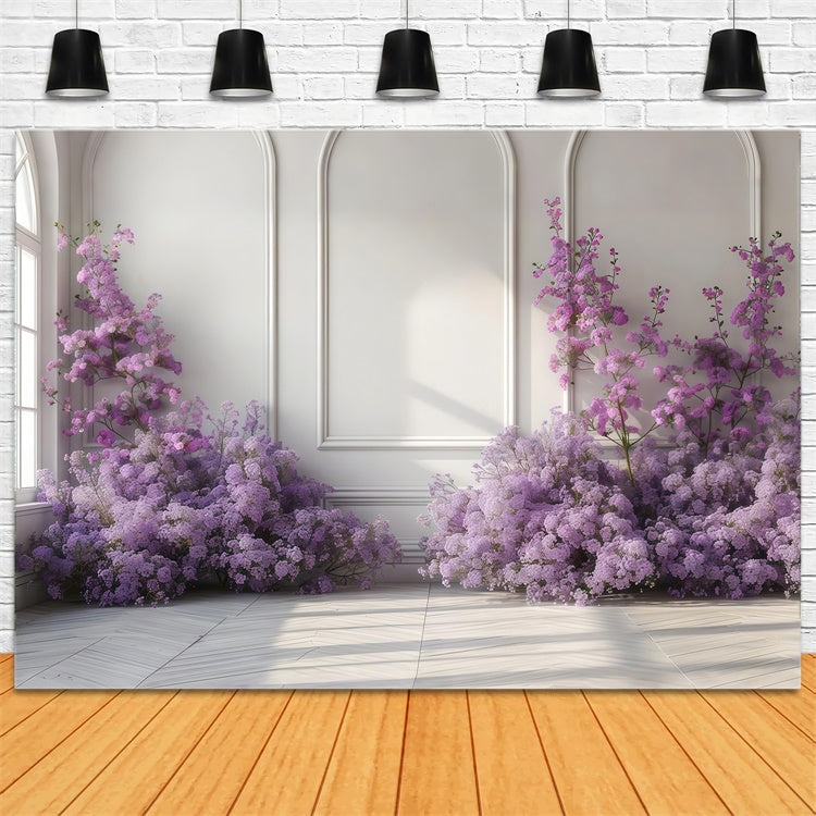 Purple Flowers Backdrop Graceful Purple Floral White Wall Backdrop GTY3-35